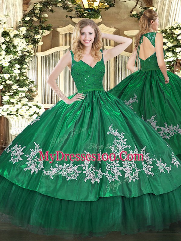 Dark Green Ball Gowns Beading and Appliques Vestidos de Quinceanera Zipper Taffeta Sleeveless Floor Length