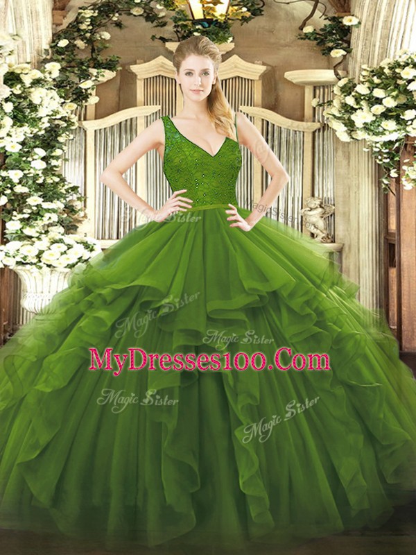 Perfect Olive Green V-neck Zipper Ruffles Sweet 16 Dresses Sleeveless