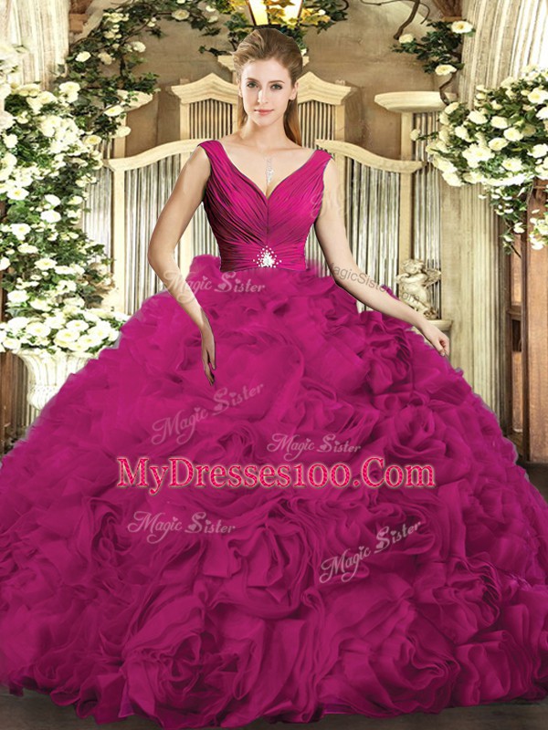 Floor Length Ball Gowns Sleeveless Fuchsia Quince Ball Gowns Backless