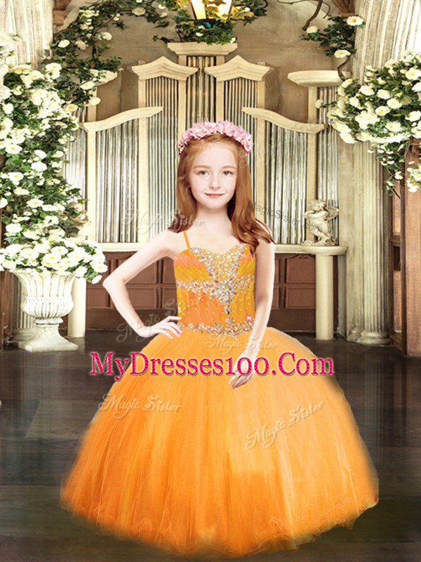 High End Orange Spaghetti Straps Neckline Beading Pageant Dress Wholesale Sleeveless Lace Up
