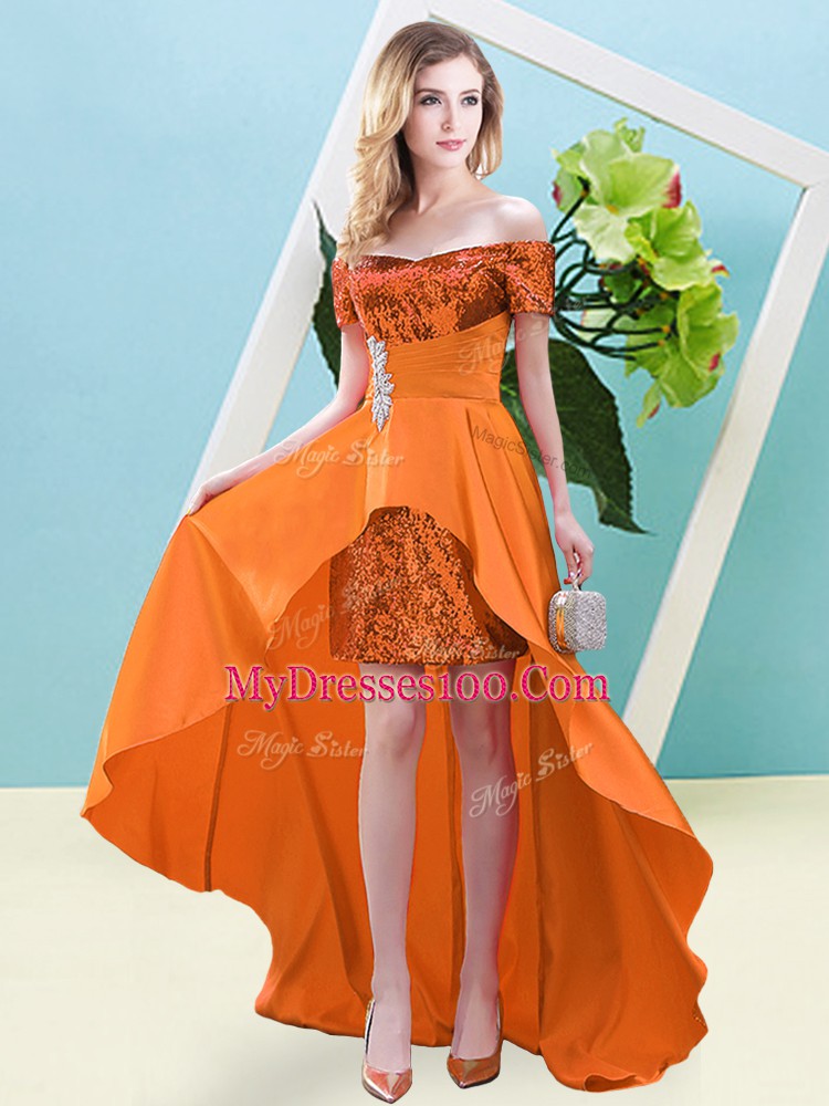 Orange Evening Dress Prom and Party with Beading Off The Shoulder Short Sleeves Lace Up