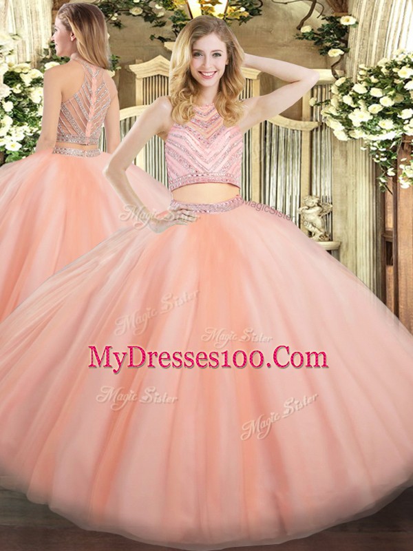 Tulle Sleeveless Floor Length Sweet 16 Dress and Beading