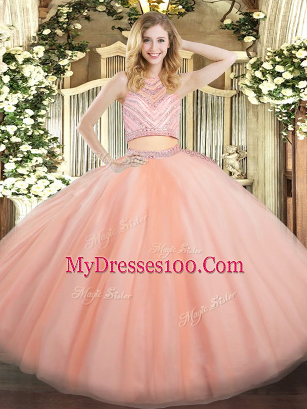 Tulle Sleeveless Floor Length Sweet 16 Dress and Beading