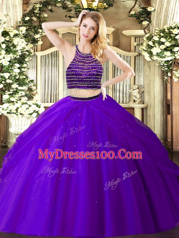 Simple Purple Ball Gowns Beading and Ruching Sweet 16 Quinceanera Dress Zipper Tulle Sleeveless Floor Length