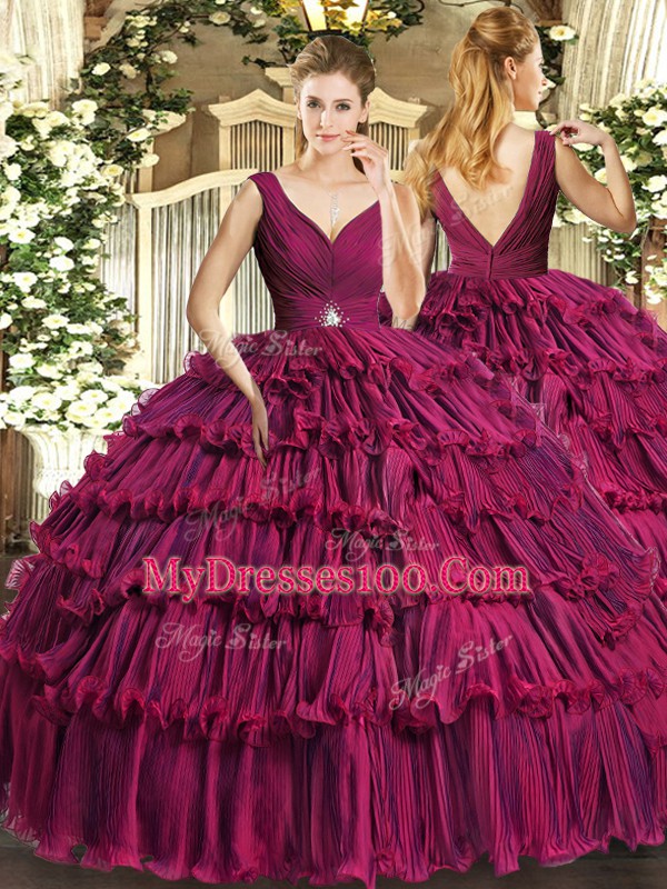 Fuchsia Organza Backless V-neck Sleeveless Floor Length Quinceanera Dress Beading and Ruffled Layers