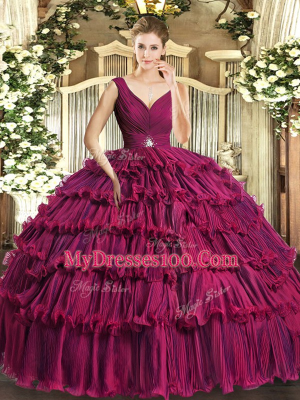 Fuchsia Organza Backless V-neck Sleeveless Floor Length Quinceanera Dress Beading and Ruffled Layers