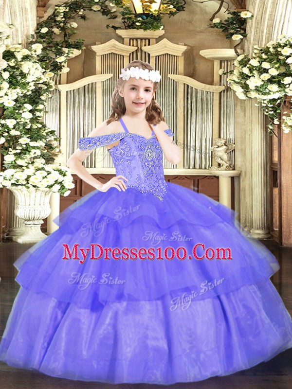 Sleeveless Lace Up Floor Length Beading and Ruffled Layers Little Girls Pageant Dress Wholesale