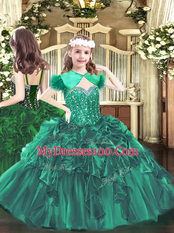 Dark Green Ball Gowns Straps Sleeveless Organza Floor Length Lace Up Beading and Ruffles Little Girls Pageant Dress