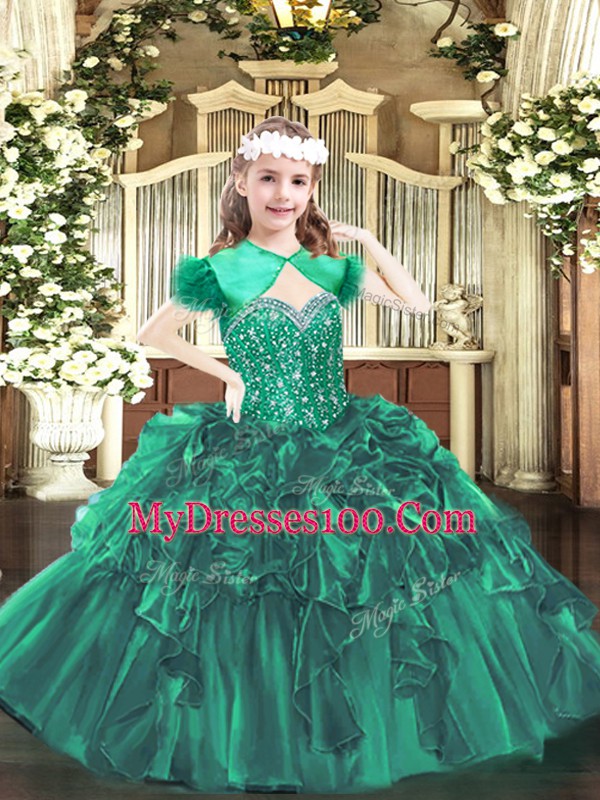 Dark Green Ball Gowns Straps Sleeveless Organza Floor Length Lace Up Beading and Ruffles Little Girls Pageant Dress