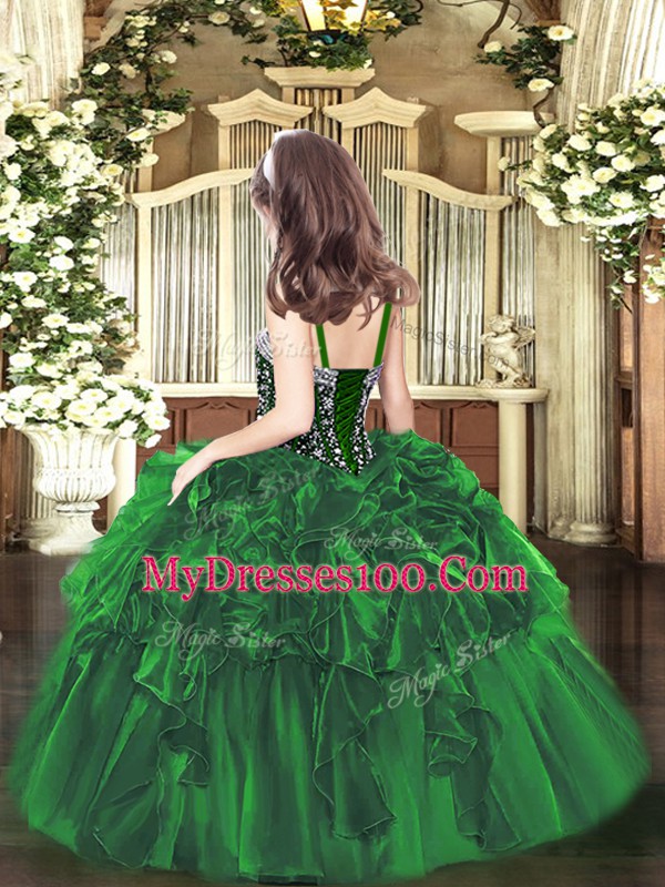 Dark Green Ball Gowns Straps Sleeveless Organza Floor Length Lace Up Beading and Ruffles Little Girls Pageant Dress