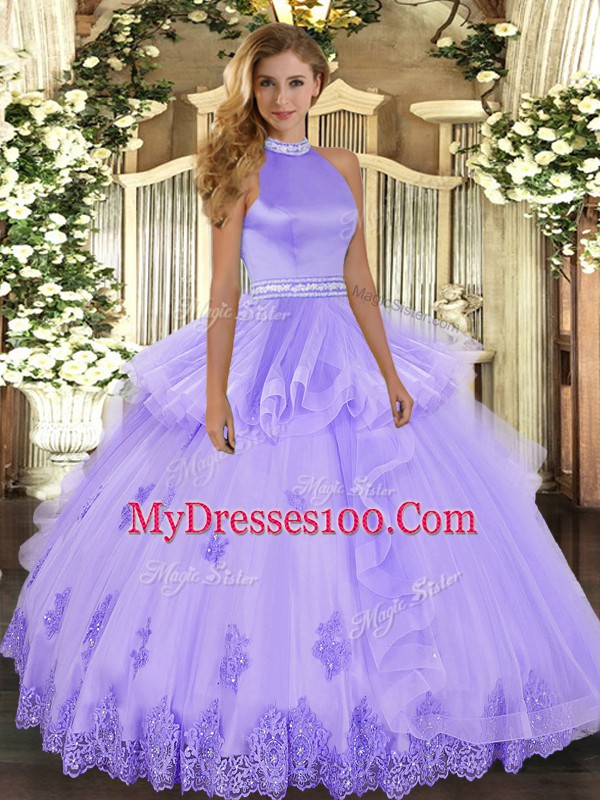 Dramatic Sleeveless Floor Length Beading and Ruffles Backless Quinceanera Dresses with Lavender