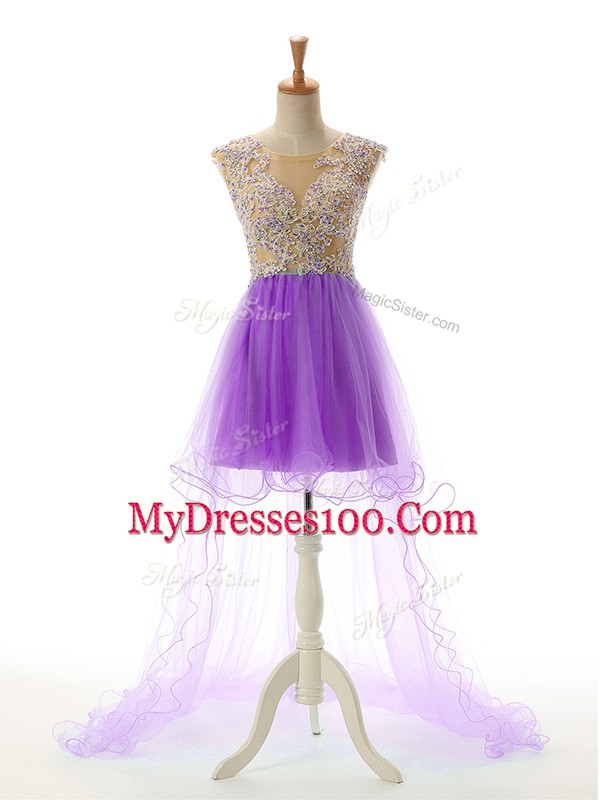 High Low Eggplant Purple Prom Party Dress Tulle Sleeveless Appliques