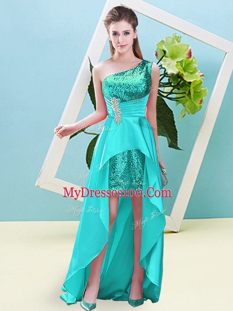 Sumptuous High Low Aqua Blue Prom Party Dress One Shoulder Sleeveless Lace Up