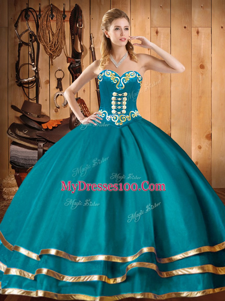 Teal Sweetheart Lace Up Embroidery Quinceanera Dress Sleeveless