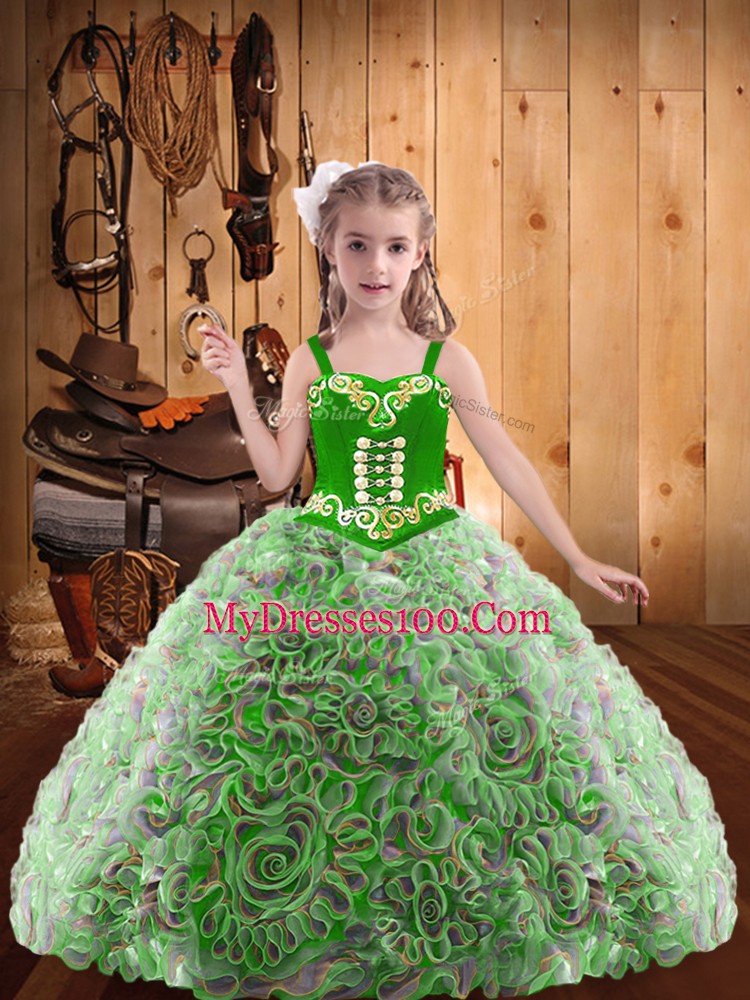 Straps Sleeveless Pageant Dress Wholesale Floor Length Embroidery and Ruffles Multi-color Fabric With Rolling Flowers