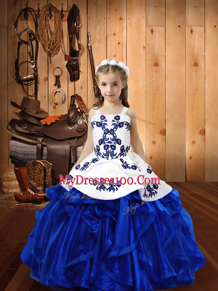 Excellent Royal Blue Sleeveless Embroidery and Ruffles Floor Length Little Girls Pageant Gowns