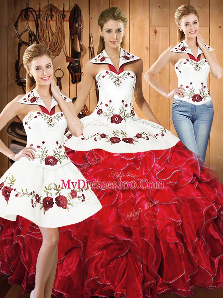 White And Red Lace Up Halter Top Embroidery and Ruffles Ball Gown Prom Dress Satin and Organza Sleeveless