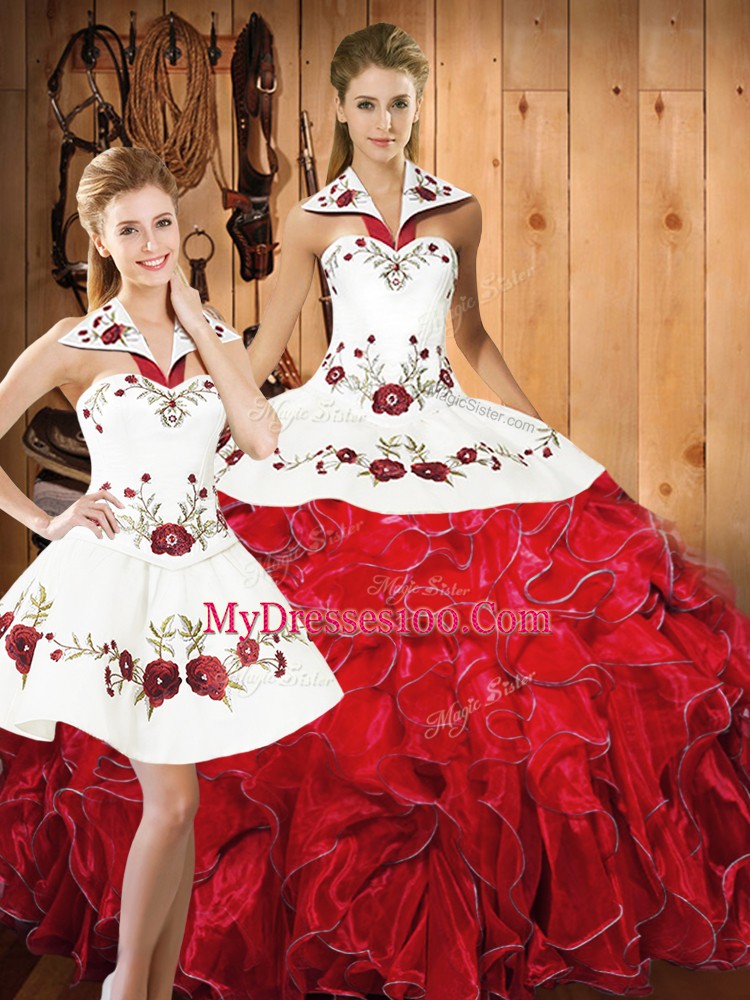 White And Red Lace Up Halter Top Embroidery and Ruffles Ball Gown Prom Dress Satin and Organza Sleeveless