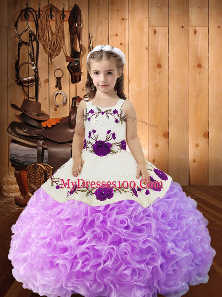 Lilac Lace Up Straps Embroidery and Ruffles Child Pageant Dress Fabric With Rolling Flowers Sleeveless