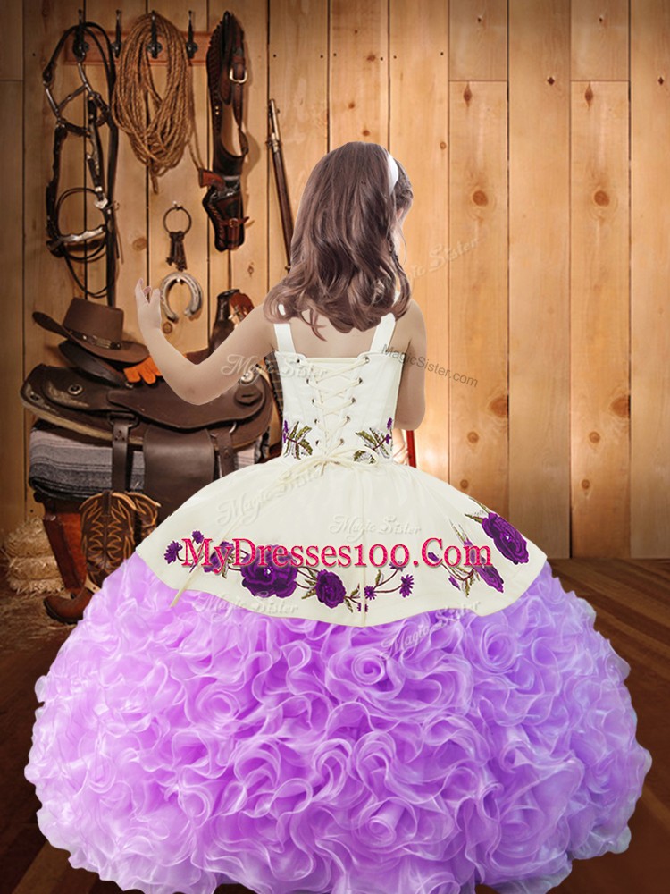 Lilac Lace Up Straps Embroidery and Ruffles Child Pageant Dress Fabric With Rolling Flowers Sleeveless