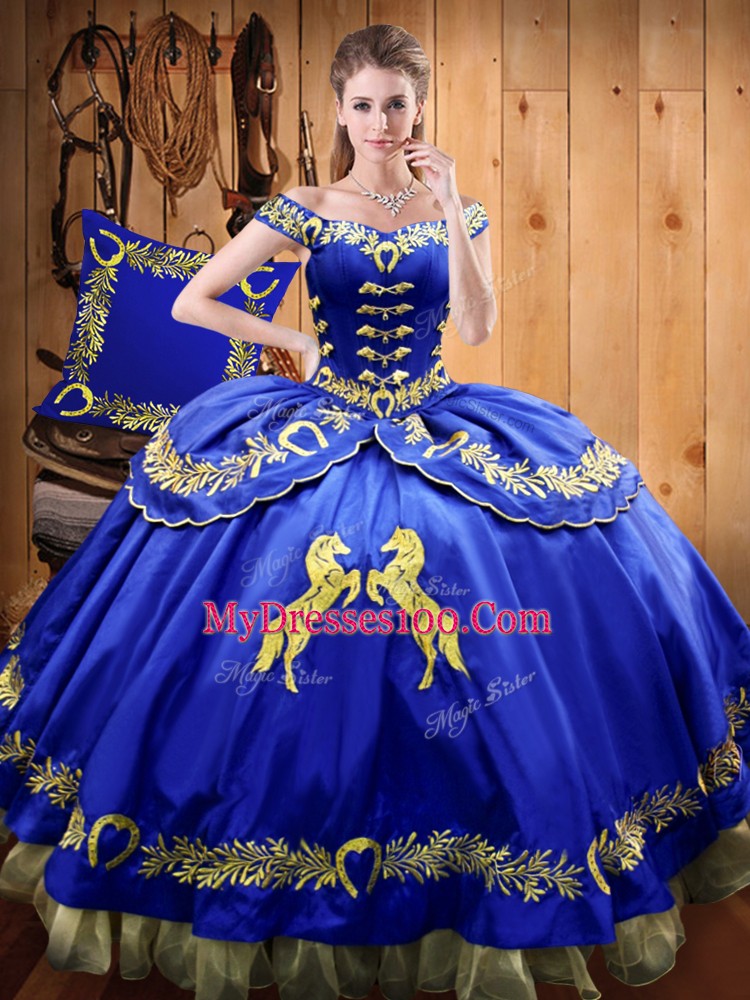 Graceful Off The Shoulder Sleeveless Lace Up Quinceanera Dresses Royal Blue Satin and Organza