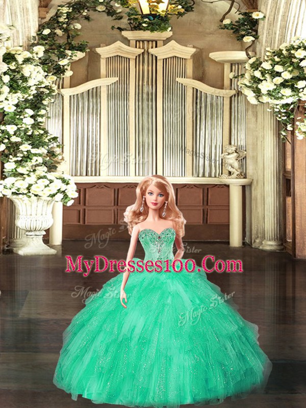 Turquoise Ball Gowns Tulle Sweetheart Sleeveless Beading and Ruffles Floor Length Lace Up 15th Birthday Dress