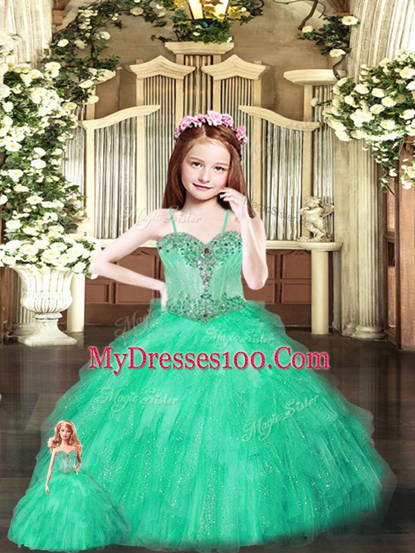 Turquoise Ball Gowns Tulle Sweetheart Sleeveless Beading and Ruffles Floor Length Lace Up 15th Birthday Dress
