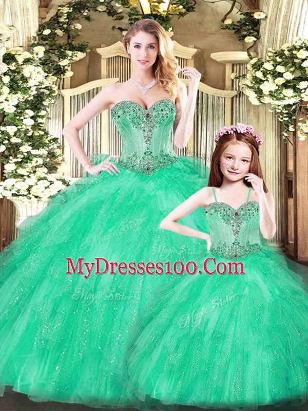 Turquoise Ball Gowns Tulle Sweetheart Sleeveless Beading and Ruffles Floor Length Lace Up 15th Birthday Dress