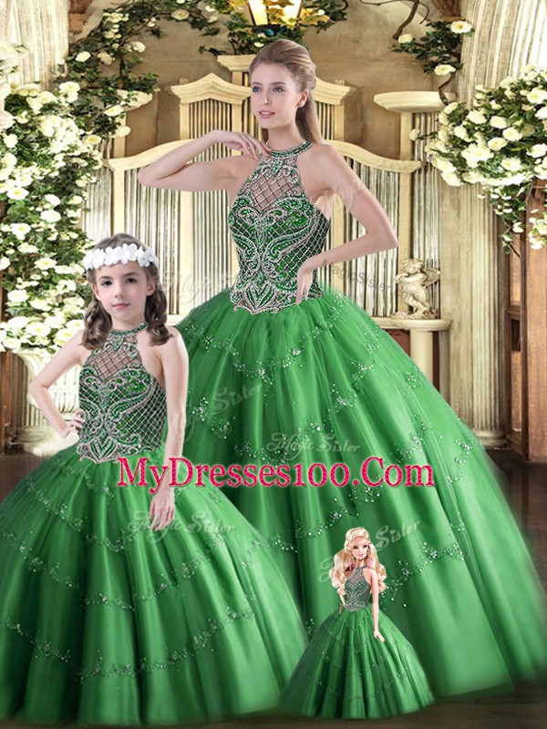 Dark Green Ball Gowns Beading 15th Birthday Dress Lace Up Tulle Sleeveless Floor Length