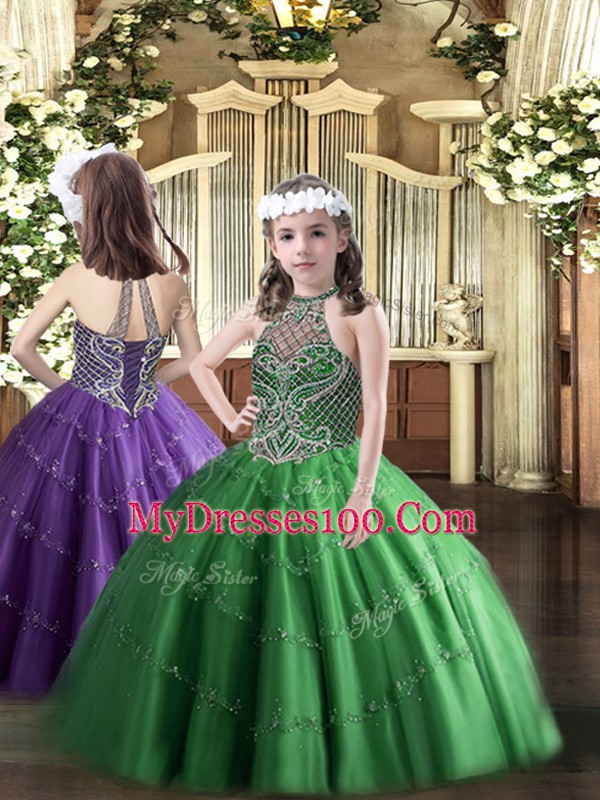 Dark Green Ball Gowns Beading 15th Birthday Dress Lace Up Tulle Sleeveless Floor Length