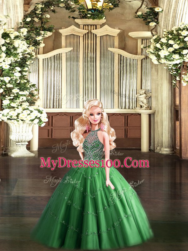 Dark Green Ball Gowns Beading 15th Birthday Dress Lace Up Tulle Sleeveless Floor Length