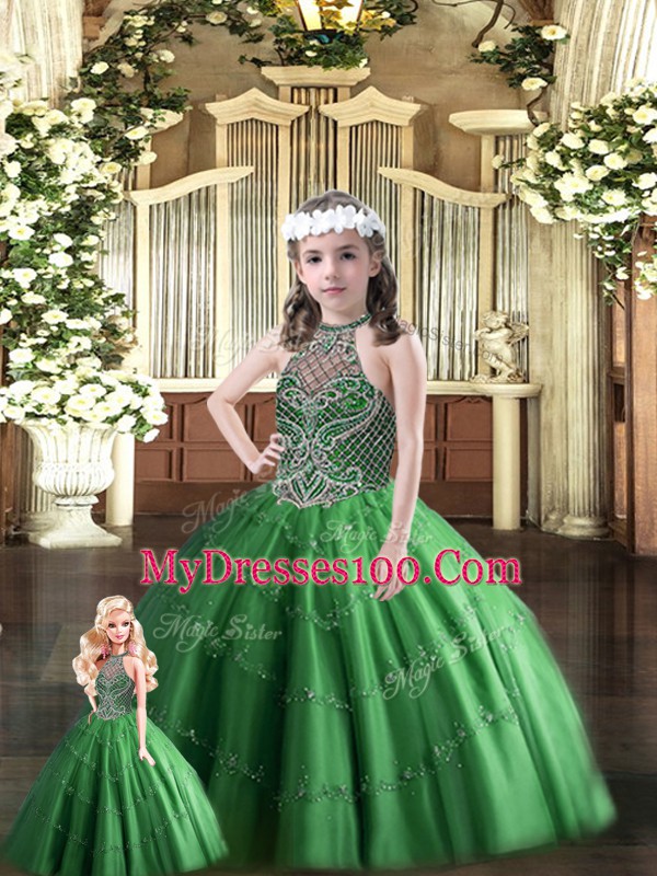 Dark Green Ball Gowns Beading 15th Birthday Dress Lace Up Tulle Sleeveless Floor Length