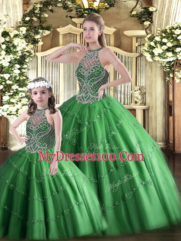 Dark Green Ball Gowns Beading 15th Birthday Dress Lace Up Tulle Sleeveless Floor Length