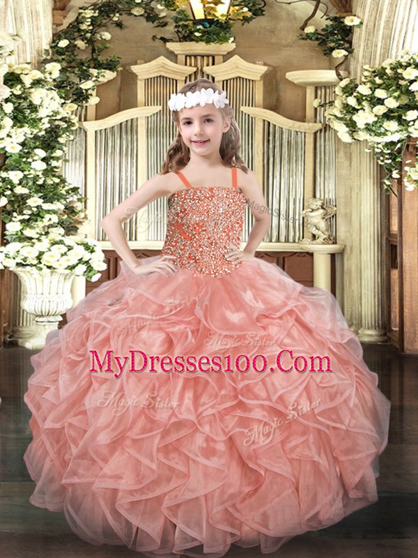 Simple Pink Ball Gowns Organza Straps Sleeveless Beading and Ruffles Floor Length Lace Up Pageant Gowns For Girls