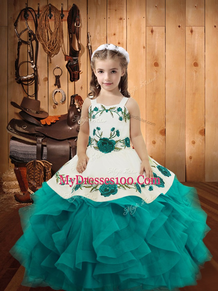 Trendy Teal Lace Up Little Girls Pageant Gowns Embroidery and Ruffles Sleeveless Floor Length