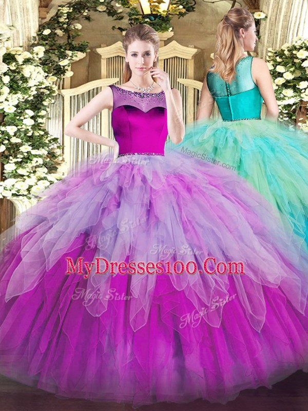 Noble Floor Length Multi-color Quinceanera Gown Organza Sleeveless Beading and Ruffles