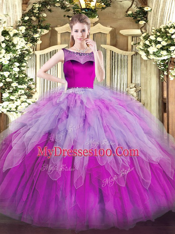 Noble Floor Length Multi-color Quinceanera Gown Organza Sleeveless Beading and Ruffles