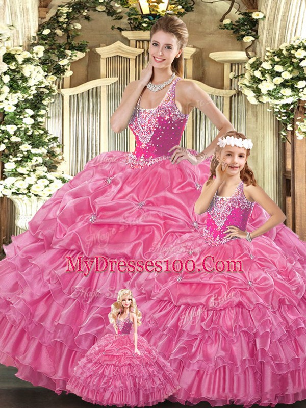 Admirable Rose Pink Sweet 16 Dress Military Ball and Sweet 16 and Quinceanera with Ruffles and Pick Ups Straps Sleeveless Lace Up