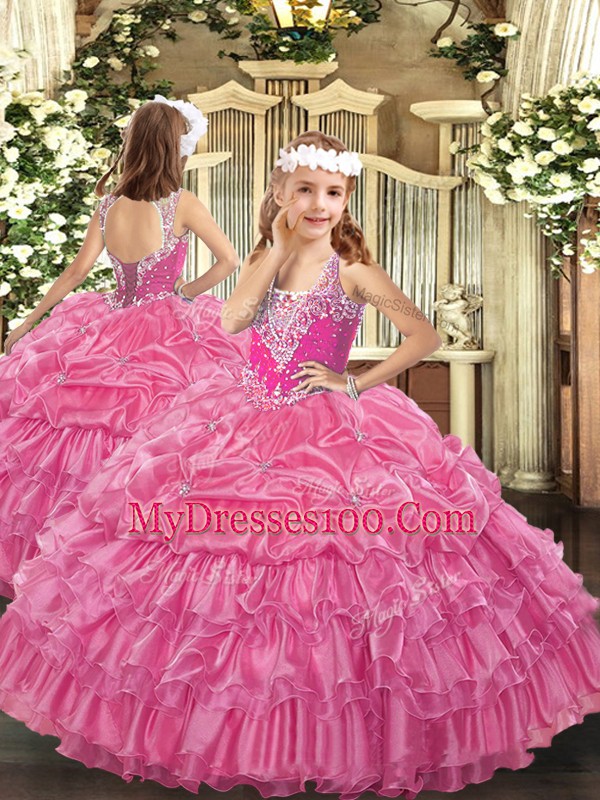 Admirable Rose Pink Sweet 16 Dress Military Ball and Sweet 16 and Quinceanera with Ruffles and Pick Ups Straps Sleeveless Lace Up