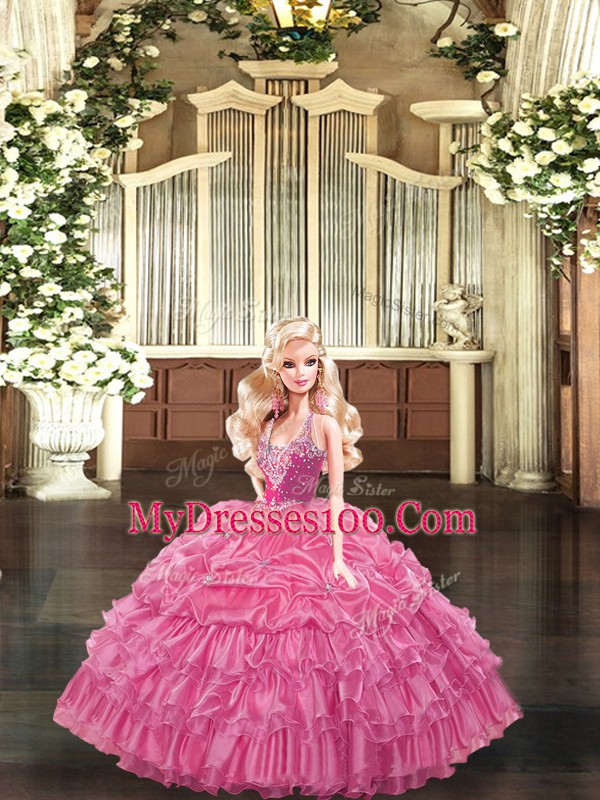 Admirable Rose Pink Sweet 16 Dress Military Ball and Sweet 16 and Quinceanera with Ruffles and Pick Ups Straps Sleeveless Lace Up