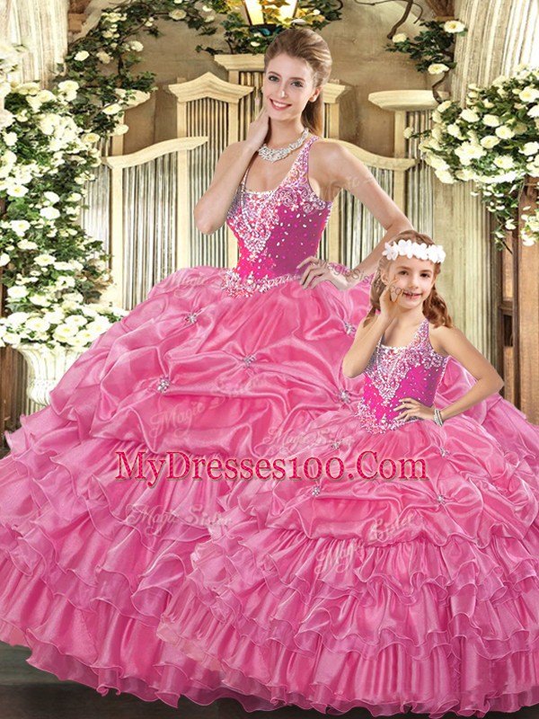 Admirable Rose Pink Sweet 16 Dress Military Ball and Sweet 16 and Quinceanera with Ruffles and Pick Ups Straps Sleeveless Lace Up