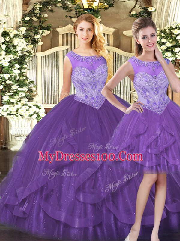 Three Pieces Vestidos de Quinceanera Purple Scoop Organza Sleeveless Floor Length Zipper