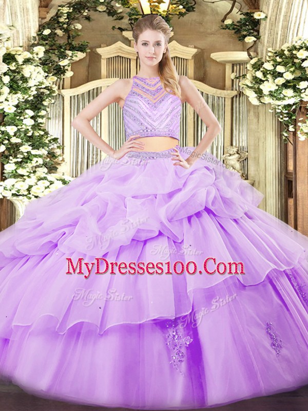 Sleeveless Tulle Floor Length Zipper Quinceanera Gowns in Lavender with Beading and Ruffles