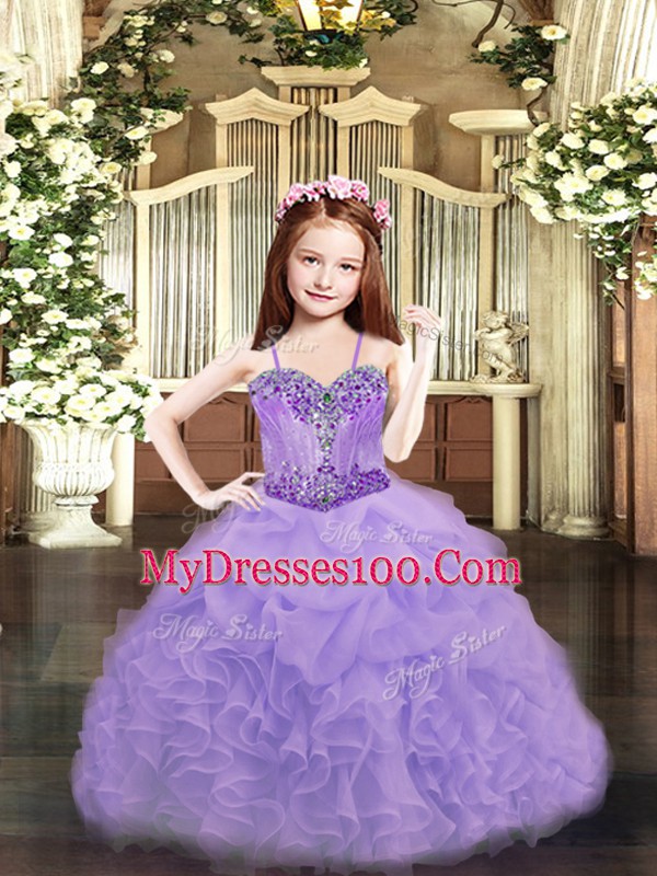 Simple Lavender Ball Gowns Spaghetti Straps Sleeveless Organza Floor Length Lace Up Beading and Ruffles and Pick Ups Child Pageant Dress