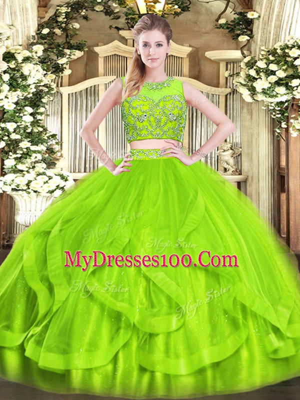 Sweet Tulle Zipper Sweet 16 Dress Sleeveless Floor Length Beading and Ruffles