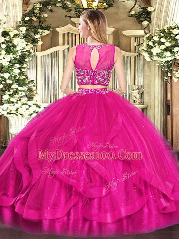 Sweet Tulle Zipper Sweet 16 Dress Sleeveless Floor Length Beading and Ruffles