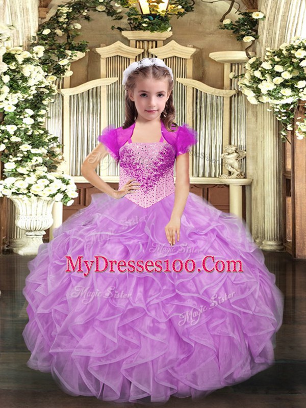 Beautiful Floor Length Ball Gowns Sleeveless Lilac Child Pageant Dress Lace Up
