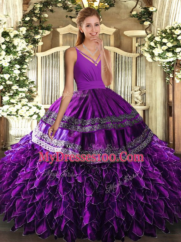 High Class V-neck Sleeveless Quinceanera Gown Floor Length Beading and Appliques and Ruffles Eggplant Purple Organza