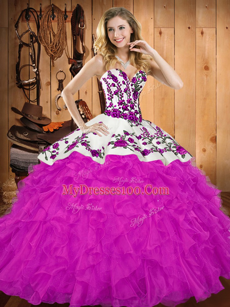 Fuchsia Lace Up Quince Ball Gowns Embroidery and Ruffles Sleeveless Floor Length