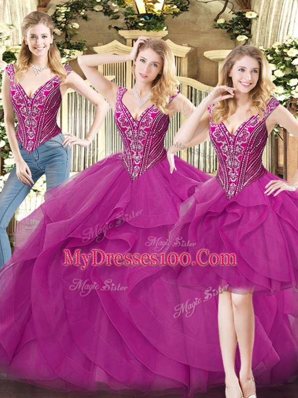 Fuchsia Lace Up V-neck Beading and Ruffles 15th Birthday Dress Organza Sleeveless